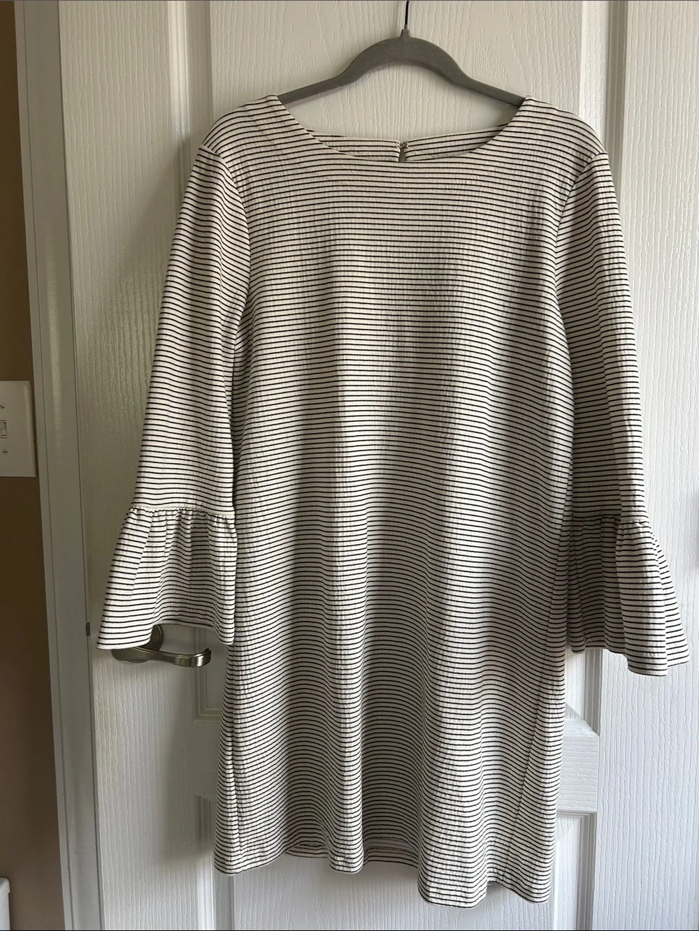 J. Crew Black and White Striped Bell-Sleeve Shift Dress